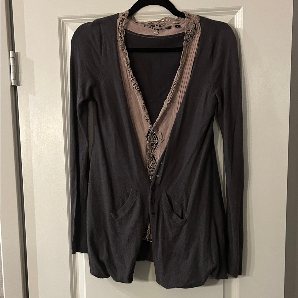 NEW LISTING! Elegant Gray and Pinky Bubble Cardigan with Lacey Attached Inlay